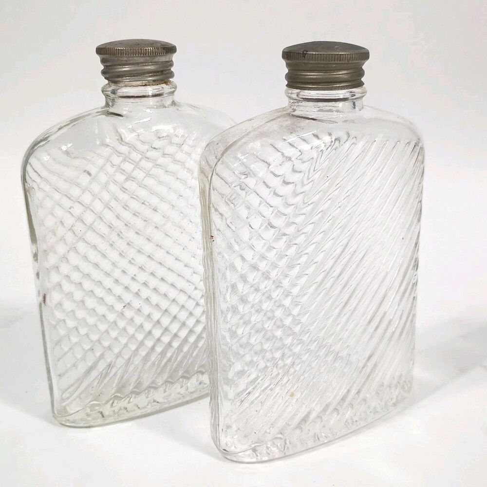 Lot of 2 Antique Universal Art Deco Glass Whisky Hip Flask Bottle 1927 Metal Cap